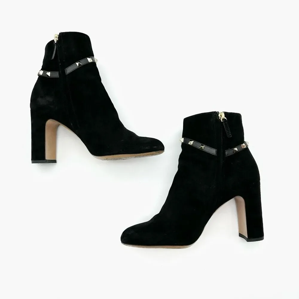 VALENTINO Rockstud Boots Size 41 US 10.5 Leather Heeled Black Suede Ankle Strap